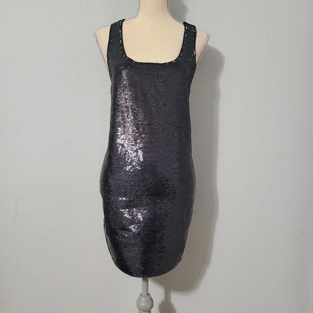 Zara Evening‎ Collection Black Sequin Tank Racerback Sheath Slip Mini Dress Med